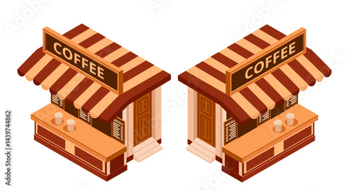 Collection of coffee shop kiosks. Wooden coffee stands with striped awnings. Small commercial coffee booths. Outdoor coffee selling points. Vector illustration isolated on white background