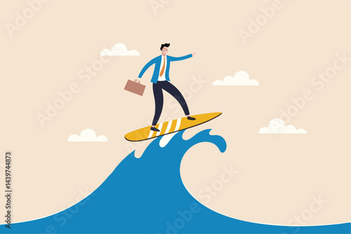 Follow business trend or momentum, challenge to overcome difficulty, professional experience worker or career development concept, expert businessman surfing or riding wave to success direction.