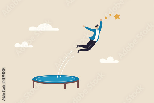 Reach success, improvement or career development, business tools advantage to reach goal or target, growth and achievement concept, businessman bounce on trampoline jump flying high to grab star.