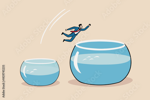 Change or move to better opportunity, entrepreneurship, escape from comfort zone or safe zone, determination or new challenge concept, confident businessman jump from small fishbowl to the better one.