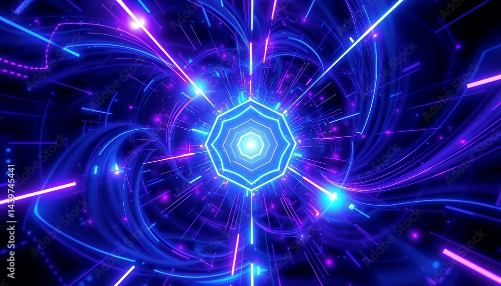 Naklejka premium Bio Tech Neon 3D Illustration with Glowing Geometric Shapes and Swirling Light Lines in Blue and Purple Colors Futuristic Technology Design Perfect for Decoration and Modern Art