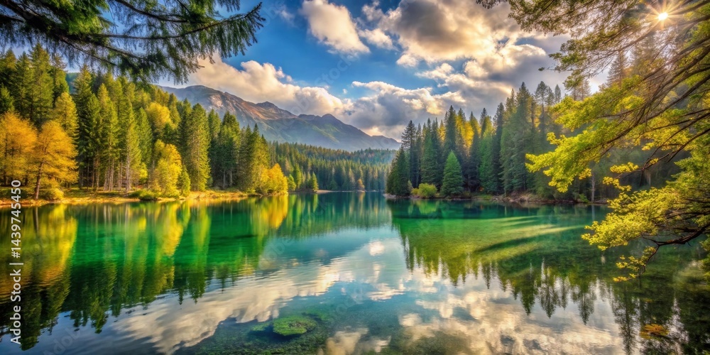 Fototapeta premium Serene Autumn Lake Reflecting Majestic Mountains and Lush Evergreen Forest Under a Brilliant Sunny Sky