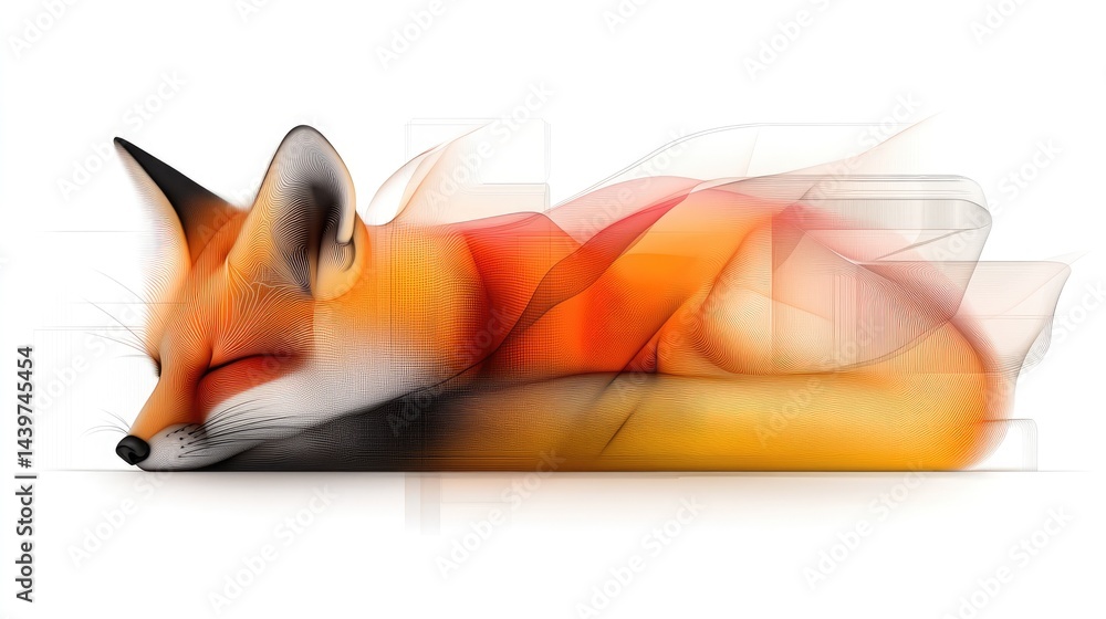 Obraz premium Abstract geometric line drawing of a fox curled up sleeping on an absolutely white background.