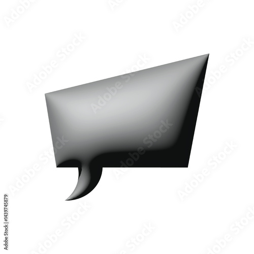 A 3D speech bubble with sharp, angular edges and a glossy, metallic gray texture