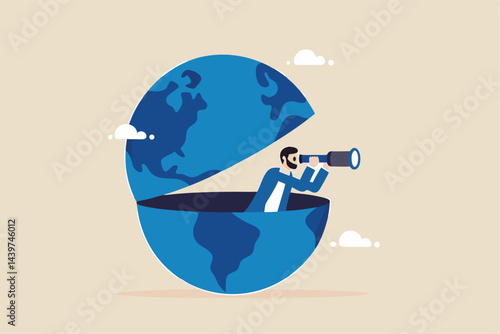 World economic vision or international opportunity for business, work or investment, searching for oversea business concept, smart businessman open globe using binoculars looking for future vision.