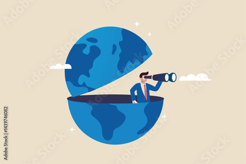 World economic vision or international opportunity for business, work or investment, searching for oversea business concept, smart businessman open globe using binoculars looking for future vision.