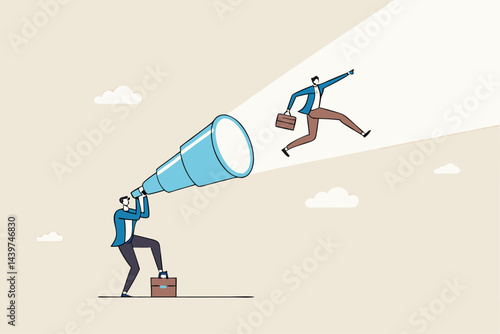 Create strong vision to lead to business success, ambition to set direction and reach goal and target, mission or career path, businessman look through telescope see himself walking to reach goal.