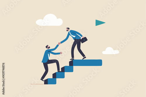Business mentor or leadership help colleague to succeed and reach goal achieve target, mentorship, support or help career success, businessman leader help employee climb to target at top of stair.
