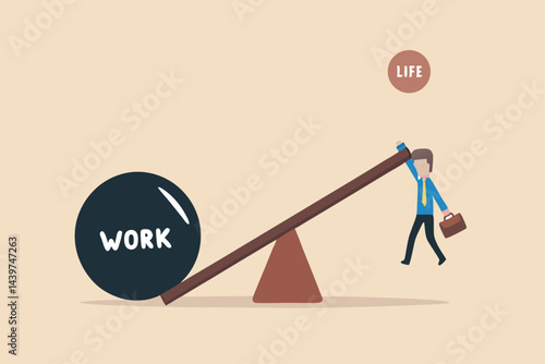 Overworked, exhaustion or burnout, unhealthy work life balance problem, too many work causing fatigue, anxiety or stress concept, frustrated businessman on small life compare to heavy work burden.