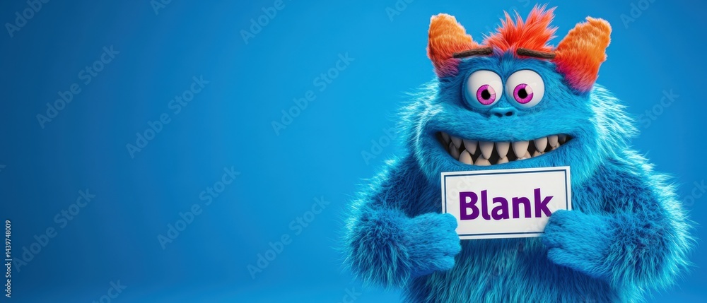 Furry monster holds blank sign Furry monster holds blank sign