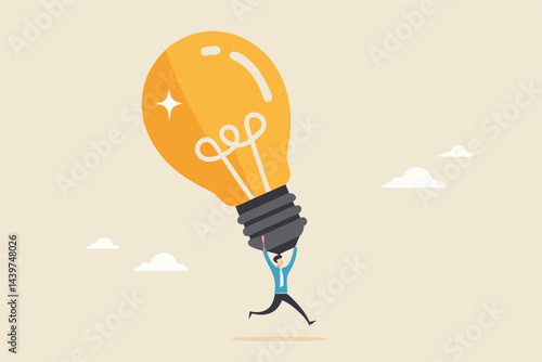 Big idea, creativity and innovation to change or invent new product, solution to solve problem, discover new idea concept, excited businessman carrying big lightbulb idea running to invent new product