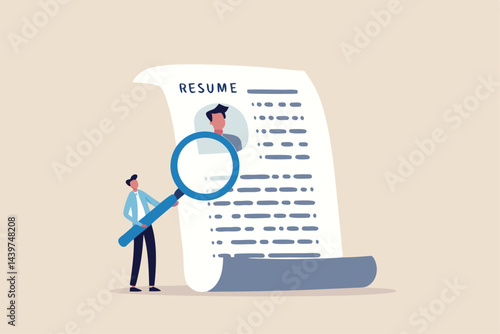 Candidate resume review by HR human resources hiring manager, employment or searching for talent and new staff concept, smart businessman hiring manager using magnifying glass tor review resume.