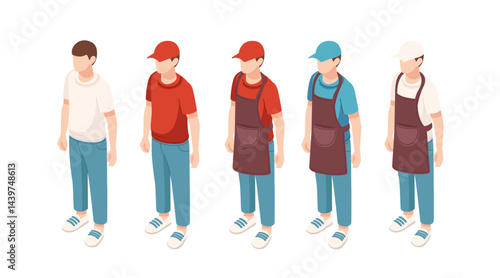 Isometric set of food service workers. Staff in different colored uniforms. Restaurant employees with various outfits. Service industry personnel. Vector illustration isolated on white background.