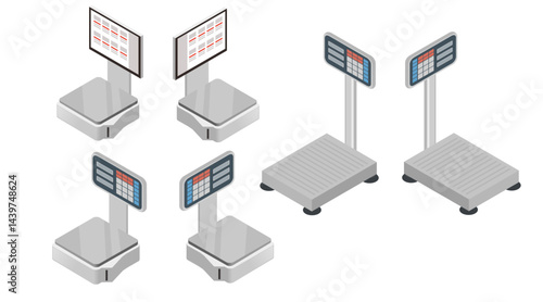 Isometric set of digital scales. Electronic weighing equipment with displays. Price calculation devices. Various retail weighing platforms. Vector illustration isolated on white background