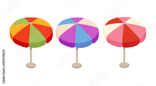 Collection of colorful market umbrellas. Multicolored parasols on stands. Red, yellow, green, purple, and blue patterned canopies. Market stand accessories. Vector illustration isolated on white