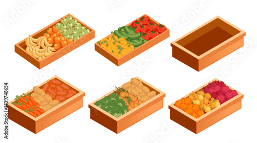Isometric set of produce crates. Wooden boxes with colorful vegetables and fruits. Market display containers. Food market storage. Vector illustration isolated on white background