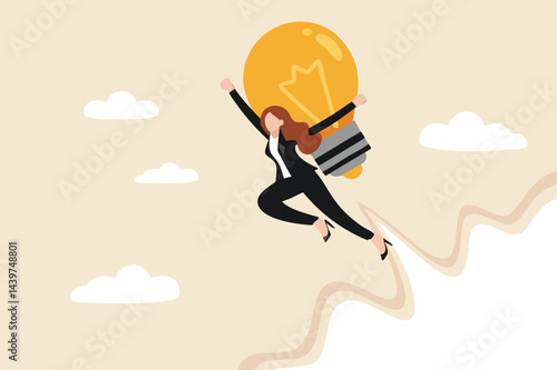Idea, innovation and creativity help boost productivity and initiative to reach success goal, career development and business growth concept, confident businesswoman with lightbulb jetpack flying high