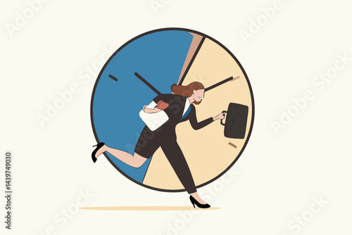 Working mom or mother work life balance, parenting employee or family responsibility concept, busy businesswoman with baby in one hand at home and working briefcase in the other hand with time clock.