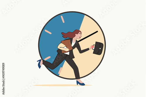Working mom or mother work life balance, parenting employee or family responsibility concept, busy businesswoman with baby in one hand at home and working briefcase in the other hand with time clock.