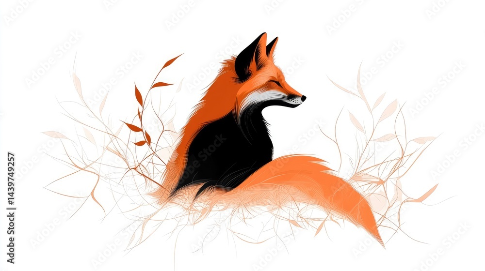 Obraz premium Continuous line drawing of a fox sitting in a forest clearing on an absolutely white background.