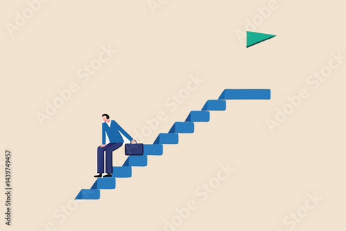 Fear of failure, anxiety or stressed, negative emotion in career development, afraid of progress forward or middle life crisis concept, depressed businessman give up alone on stairway to success goal.