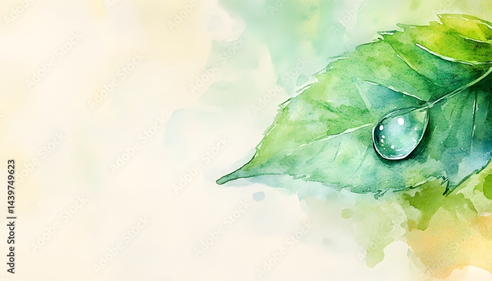 A watercolor painting of a single green leaf with water droplet