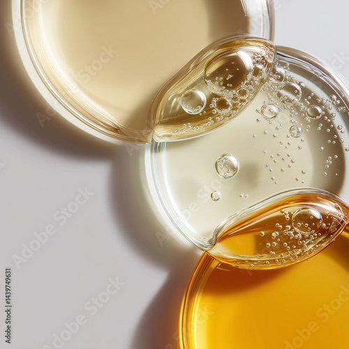Clear water bubbles and gold oil, gel, soap, liquid with drops, oil foam, abstract natural bubbling texture, vitamin, clean beauty, cosmetic serum oil, skin treatment collagen, moisture, 3d render