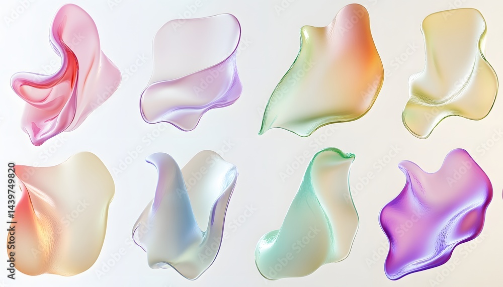 Abstract flowing translucent shapes featuring multiple colors and gradients
