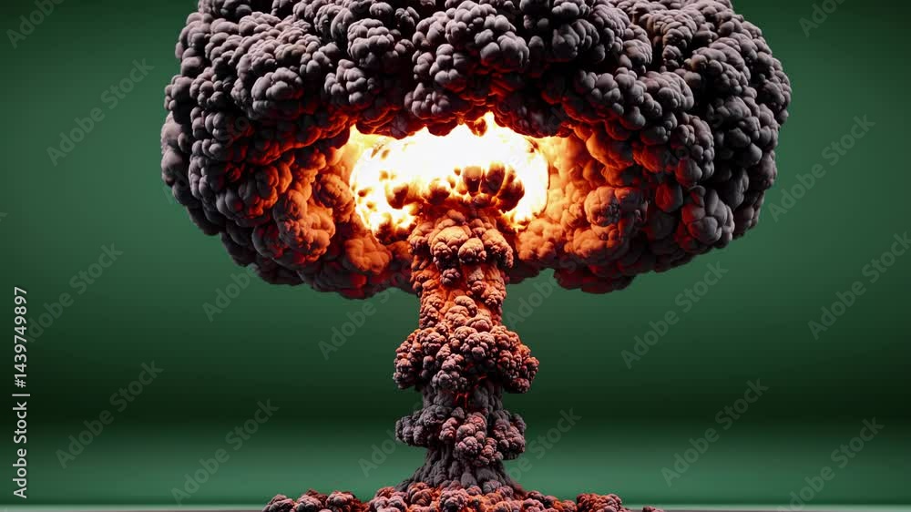 Massive nuclear explosion creating iconic mushroom cloud, billowing dark smoke and intense orange flames expanding against vivid green screen backdrop, visualizing devastating destructive power
