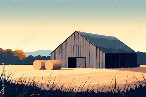 Old barn and hay bales horizontal landscape background. Countryside life tranquillity nature fields with dry grass farm. Flat cartoon style vector illustration