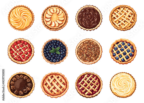 Pie top view set. Lemon tart cherry strawberry blueberry cheescake chocolate cake. Tasty sweet homemade round food dessert pastry. Menu bakery decoration. Cartoon style isolated vector clipart