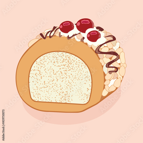 Vector Illustration of Swiss Roll Cake with Almonds, Chocolate, and cherries on top