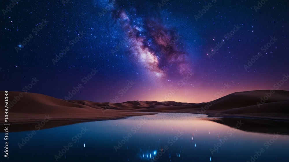 Fototapeta premium The stunning beauty of the Milky Way arching above a still desert oasis, reflections shimmering in the water,