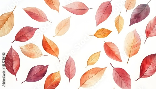Watercolor painted autumn leaves scattered across a white background