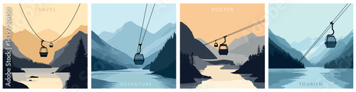 Skyline lift in the mountains on top of the lake. Clean simplistic modern travel square poster set. Outdoors tourism journey adventure nature. Cartoon style vector illustration