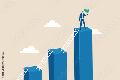 Step to grow business, ladder of success, progress, improvement or development to achieve goal, growth journey, career path concept, businessman climb up ladder step by step on graph to achieve goal.