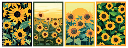 Sunflower field vertical posters set. Nature summer spring flower background pattern. Sunlight blossom good mood vibes. Cartoon style vector illustration