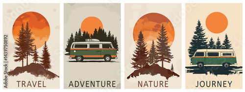 Travel vertical posters set. Camper van with a forest in the background pine trees round sun. Wild nature beauty. Journey outdoor wagon adventure retro style bannes. Vector illustration