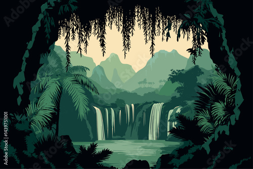 Tropical rainforest cave with waterfalls horizontal landscape. Wild jungle and mountains nature palms pond leaves trees lianas. Green colors. Cartoon style vector illustration