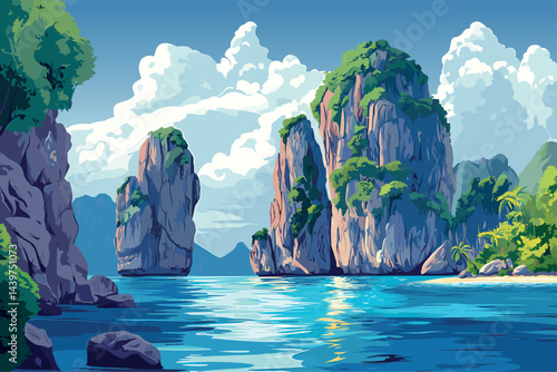 Typical Thailand seascape with cliffs and stone blocks in the water. Tropical paradise with sandy beaches. Travel banner tourism ad. Cartoon style vector illustration