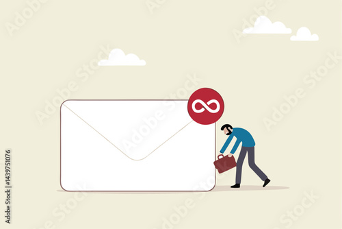 Busy email overload, inefficient communication, anxiety, exhausted or burnout from too many messages concept, desperate hopelessness businessman with his inbox with infinity unread emails.