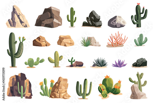 Various desert orange rocks and green cactus set. Wild west objects in nature. Texas environment wilderness land ranch. Cartoon style isolated vector clipart collection