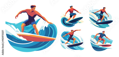 Wave surfers cartoon vector set. Board riding dynamic stance male athlete gliding rolling swells, aquatic sport enthusiast maritime ocean seeker sunny person, isolated illustrations on white backdrop