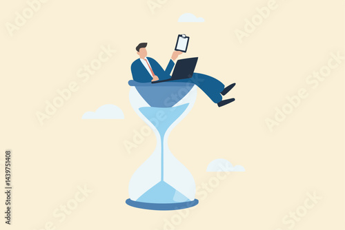 Work against deadline, time counting down to finish project, efficiency to spend time to complete work within timeline concept, busy businessman working with laptop inside hourglass count down timer.