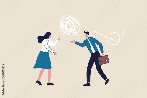 Different opinion, conflict or argument in meeting discussion debate, disagreement or fight, challenge dialog concept, businessman and woman colleague arguing different opinion to find out solution.