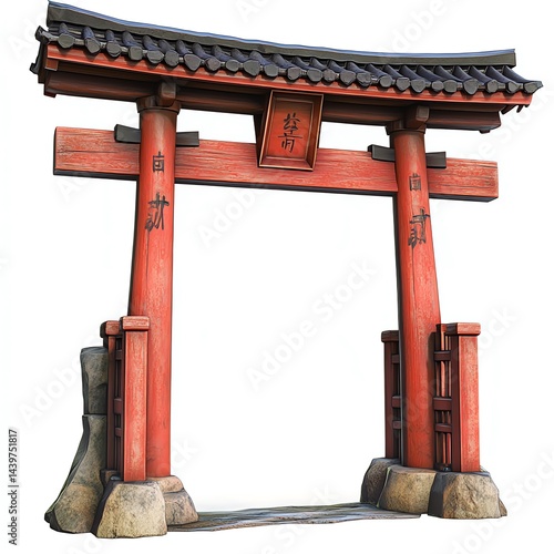 Serene Japanese Torii Gate, a symbol of transition and peace, stands majestically against a white backdrop.