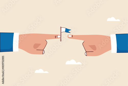 Stop argument, defuse conflict or compromise and negotiation, surrender defer confrontation and politics concept, businessman hand argue pointing each other with one surrender by small white flag.