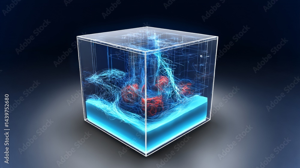 Transparent cube hologram displays complex fluid dynamics in a futuristic lab