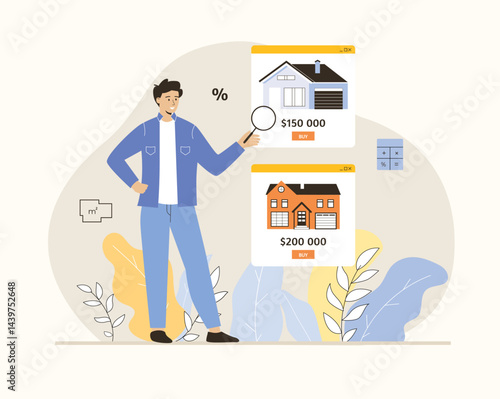 Real estate online. Man searching houses and selecting with bargain price at webpage. Flat vector illustration.