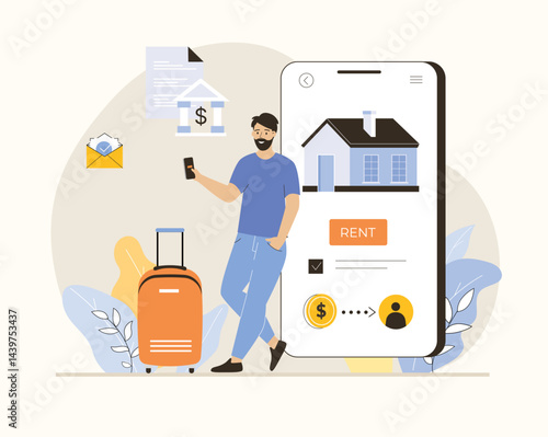 Real estate online. Man pays house rent online via phone. Flat vector illustration.